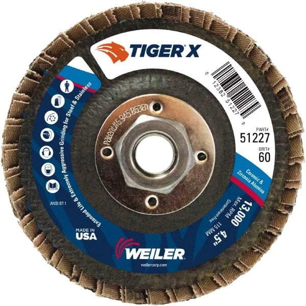 Weiler - 251 Grit, 4-1/2" Disc Diam, 5/8-11 Center Hole, Type 27 Zirconia Alumina Flap Disc - 13,000 Max RPM, Phenolic Backing, Arbor Attaching System, Coated - Eagle Tool & Supply