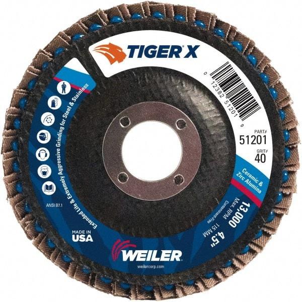 Weiler - 426 Grit, 4-1/2" Disc Diam, 7/8" Center Hole, Type 29 Zirconia Alumina Flap Disc - 13,000 Max RPM, Phenolic Backing, Arbor Attaching System, Coated - Eagle Tool & Supply