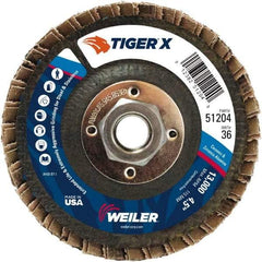 Weiler - 501 Grit, 4-1/2" Disc Diam, 5/8-11 Center Hole, Type 29 Zirconia Alumina Flap Disc - 13,000 Max RPM, Phenolic Backing, Quick Change Type S Attaching System, Coated - Eagle Tool & Supply