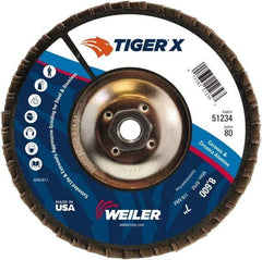 Weiler - 181 Grit, 7" Disc Diam, 5/8-11 Center Hole, Type 27 Zirconia Alumina Flap Disc - 8,600 Max RPM, Phenolic Backing, Arbor Attaching System, Coated - Eagle Tool & Supply