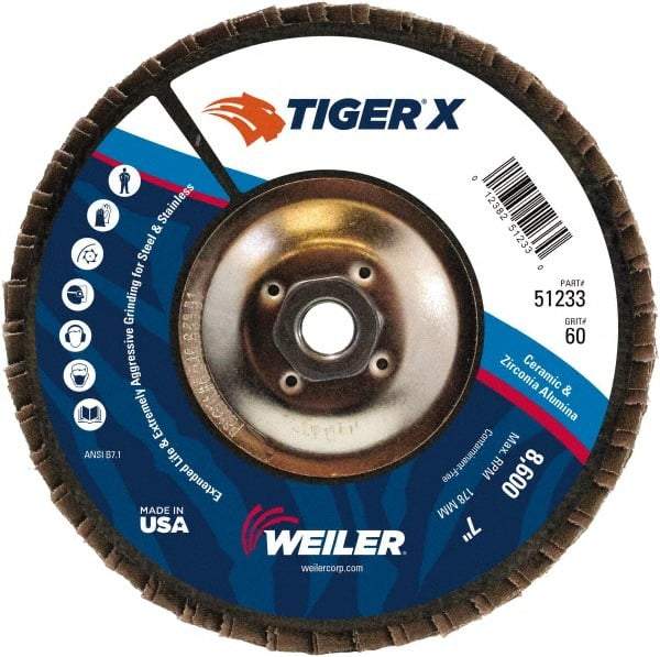 Weiler - 251 Grit, 7" Disc Diam, 5/8-11 Center Hole, Type 27 Zirconia Alumina Flap Disc - 8,600 Max RPM, Phenolic Backing, Arbor Attaching System, Coated - Eagle Tool & Supply