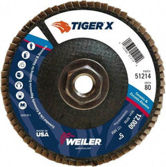 Weiler - 181 Grit, 5" Disc Diam, 5/8-11 Center Hole, Type 29 Zirconia Alumina Flap Disc - 12,000 Max RPM, Phenolic Backing, Arbor Attaching System, Coated - Eagle Tool & Supply