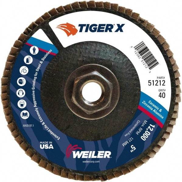 Weiler - 426 Grit, 5" Disc Diam, 5/8-11 Center Hole, Type 29 Zirconia Alumina Flap Disc - 12,000 Max RPM, Phenolic Backing, Arbor Attaching System, Coated - Eagle Tool & Supply