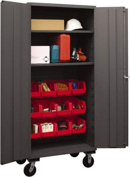 Durham - 2 Shelf 12 Bin Mobile Storage Cabinet - Steel, 36" Wide x 24" Deep x 80" High, Red - Eagle Tool & Supply