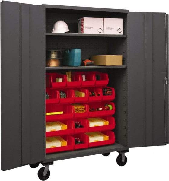 Durham - 2 Shelf 18 Bin Mobile Storage Cabinet - Steel, 48" Wide x 24" Deep x 80" High, Red - Eagle Tool & Supply