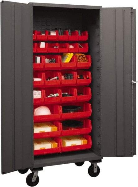 Durham - 30 Bin Mobile Storage Cabinet - Steel, 36" Wide x 24" Deep x 80" High, Red - Eagle Tool & Supply
