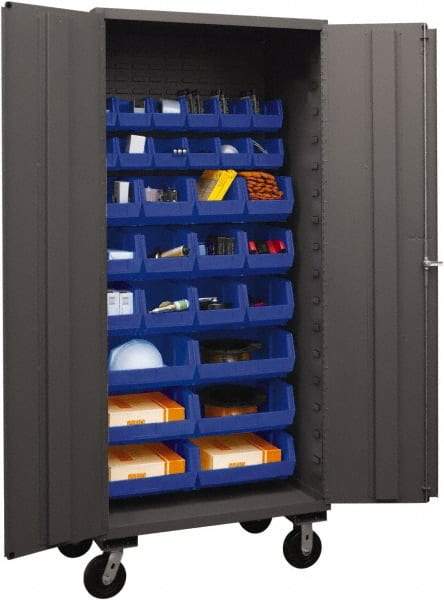 Durham - 30 Bin Mobile Storage Cabinet - Steel, 36" Wide x 24" Deep x 80" High, Blue - Eagle Tool & Supply
