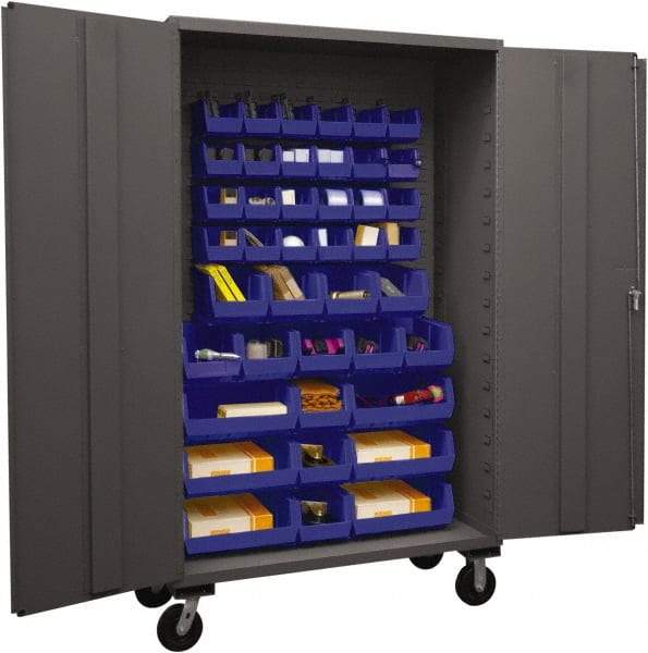 Durham - 42 Bin Mobile Storage Cabinet - Steel, 48" Wide x 24" Deep x 80" High, Blue - Eagle Tool & Supply
