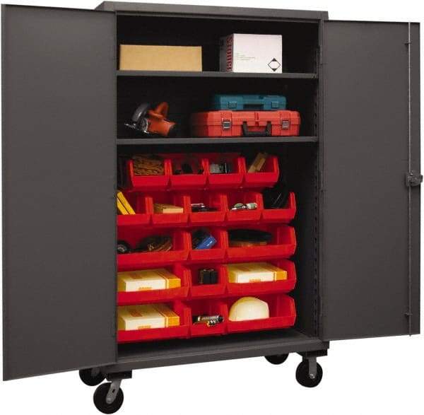 Durham - 2 Shelf 18 Bin Mobile Storage Cabinet - Steel, 48" Wide x 24" Deep x 80" High, Red - Eagle Tool & Supply
