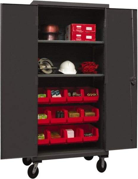 Durham - 2 Shelf 12 Bin Mobile Storage Cabinet - Steel, 36" Wide x 24" Deep x 80" High, Red - Eagle Tool & Supply
