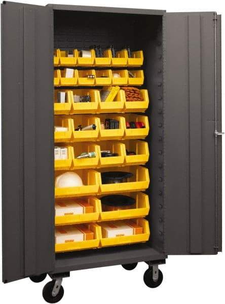 Durham - 2 Shelf 12 Bin Mobile Storage Cabinet - Steel, 36" Wide x 24" Deep x 80" High, Yellow - Eagle Tool & Supply