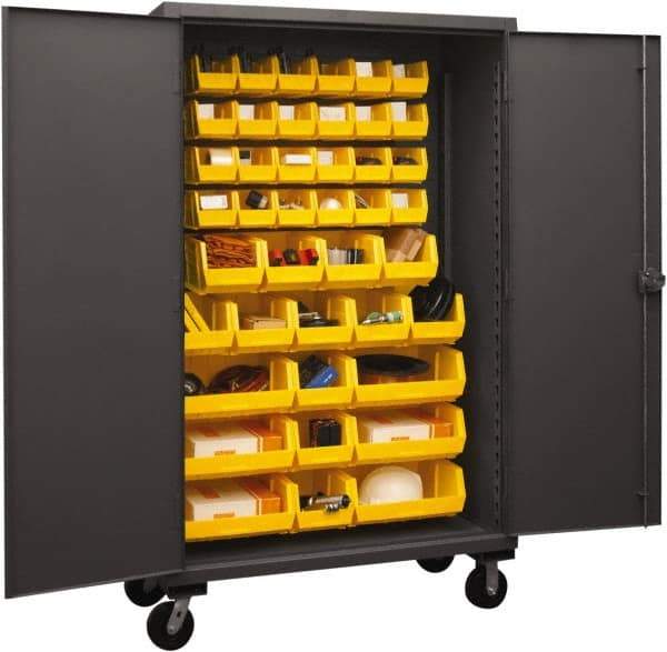 Durham - 42 Bin Mobile Storage Cabinet - Steel, 48" Wide x 24" Deep x 80" High, Yellow - Eagle Tool & Supply