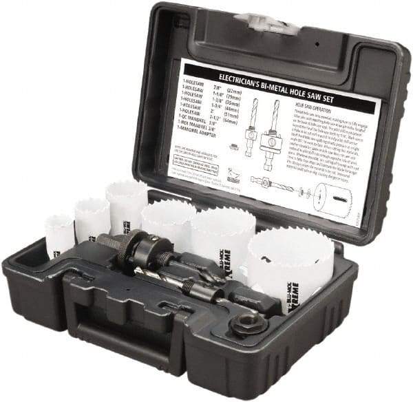 Disston - 9 Piece, 7/8" to 2-1/2" Saw Diam, Electrician's Hole Saw Kit - Bi-Metal, Toothed Edge, Pilot Drill Model No. E0102457, Includes 6 Hole Saws - Eagle Tool & Supply