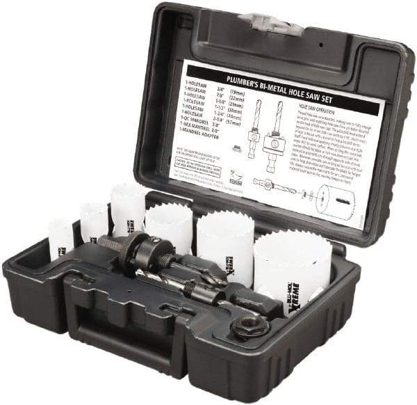 Disston - 9 Piece, 3/4" to 2-1/4" Saw Diam, Plumber's Hole Saw Kit - Bi-Metal, Toothed Edge, Pilot Drill Model No. E0102457, Includes 6 Hole Saws - Eagle Tool & Supply