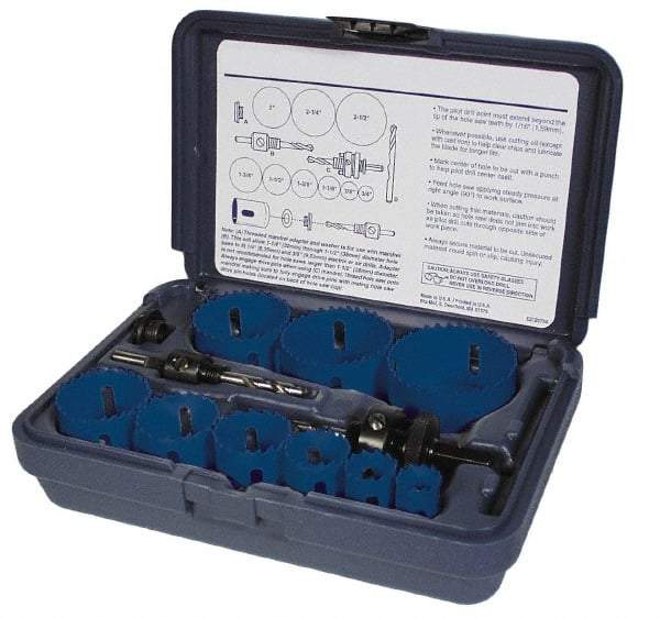 Disston - 9 Piece, 7/8" to 1-3/4" Saw Diam, Lockset Hole Saw Kit - Bi-Metal, Toothed Edge, Pilot Drill Model No. E0102457, Includes 6 Hole Saws - Eagle Tool & Supply