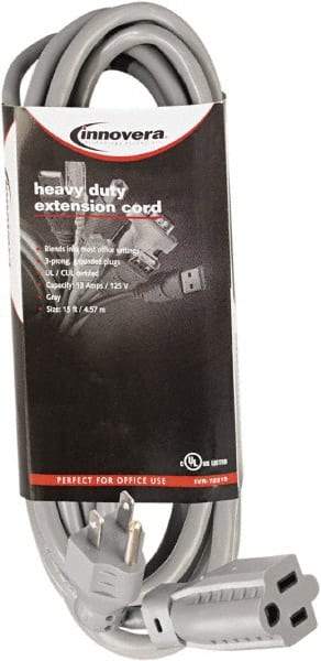 innovera - 15', 14/2 Gauge/Conductors, Gray Indoor Extension Cord - 1 Receptacle, 13 Amps, NEMA 5-15R - Eagle Tool & Supply