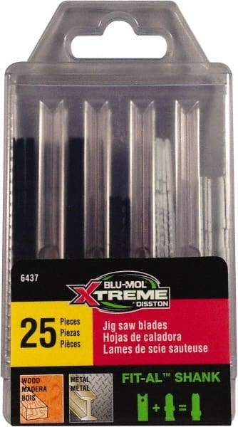 Disston - 25 Piece, 2-3/4" to 3-1/2" Long, 6 to 18 Teeth per Inch, Carbon and Bi-Metal Jig Saw Blade Set - Toothed Edge, U-Shank - Eagle Tool & Supply