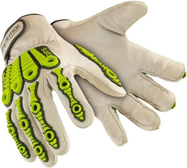 HexArmor - Size M (8), ANSI Cut Level A8, Puncture Level 4, Abrasion Level 4, Goatskin Leather Cut & Puncture Resistant Gloves - 9-1/2" Long, Uncoated Leather, Hook & Loop Cuffs, White/High Visibility Yellow, Paired - Eagle Tool & Supply