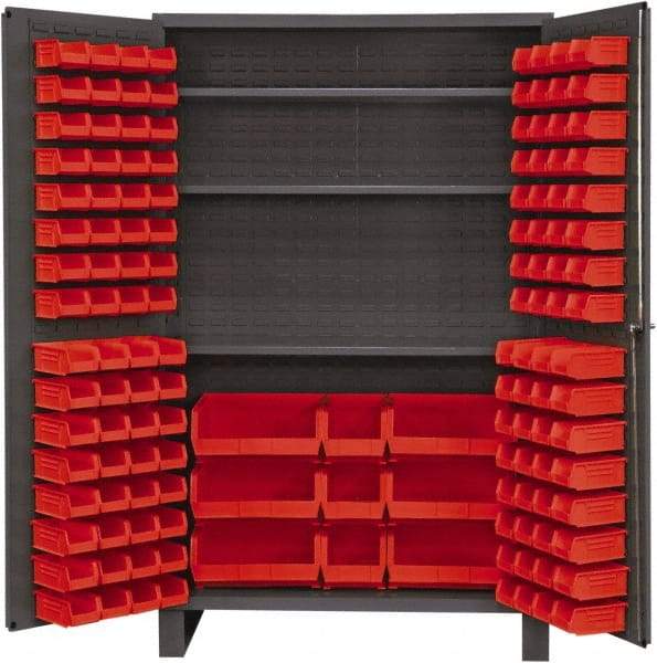 Durham - 3 Shelf 137 Bin Storage Cabinet - Steel, 48" Wide x 24" Deep x 78" High, Red - Eagle Tool & Supply