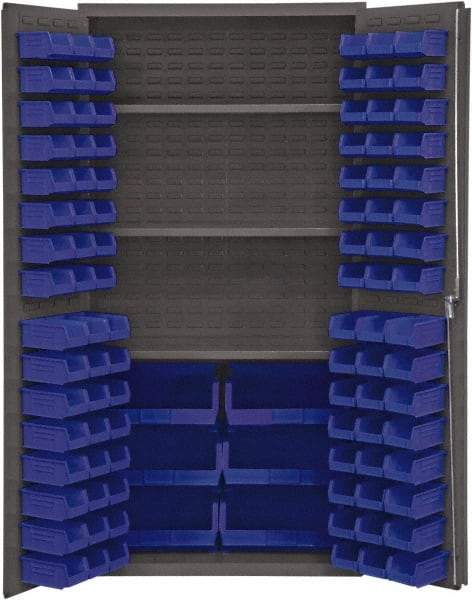 Durham - 3 Shelf 102 Bin Storage Cabinet - Steel, 36" Wide x 24" Deep x 72" High, Blue - Eagle Tool & Supply