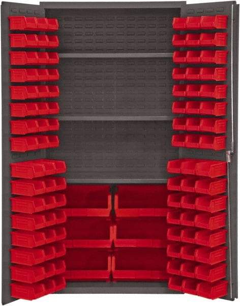 Durham - 3 Shelf 102 Bin Storage Cabinet - Steel, 36" Wide x 24" Deep x 72" High, Red - Eagle Tool & Supply