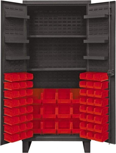 Durham - 2 Shelf 60 Bin Storage Cabinet - Steel, 36" Wide x 24" Deep x 78" High, Red - Eagle Tool & Supply