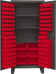 Durham - 3 Shelf 102 Bin Storage Cabinet - Steel, 36" Wide x 24" Deep x 78" High, Red - Eagle Tool & Supply