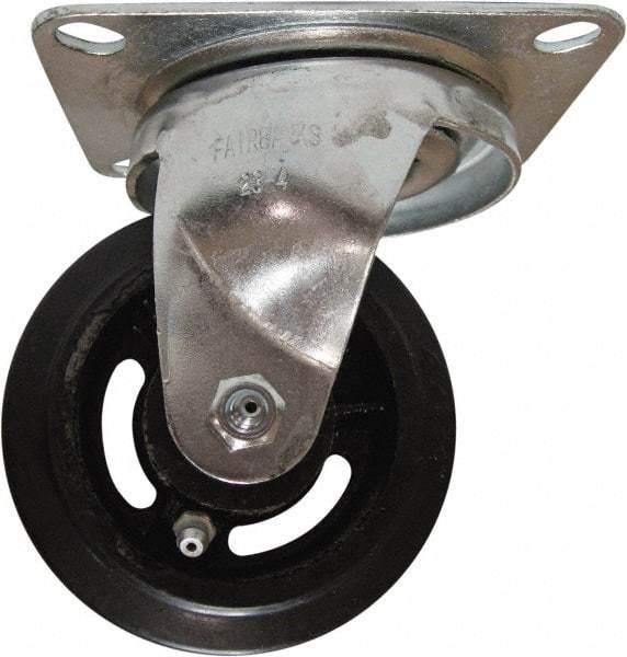 Fairbanks - 4" Diam x 1-1/2" Wide x 5-1/4" OAH Top Plate Mount Swivel Caster - Mold on Rubber, 200 Lb Capacity, Roller Bearing, 4 x 5" Plate - Eagle Tool & Supply