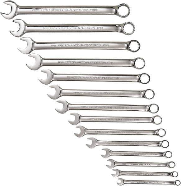 Proto - 14 Piece, 7mm to 20mm, 12 Point Combination Wrench Set - Metric Measurement Standard, Full Polish Chrome Finish, Comes in Tool Roll - Eagle Tool & Supply