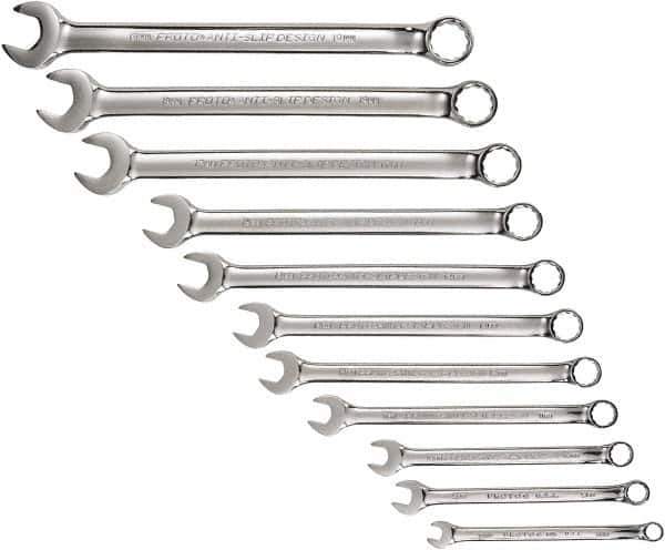 Proto - 11 Piece, 7mm to 19mm, 12 Point Combination Wrench Set - Metric Measurement Standard, Full Polish Chrome Finish, Comes in Tool Roll - Eagle Tool & Supply