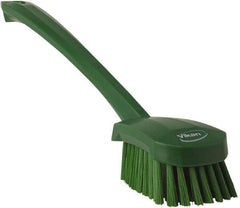 Vikan - 1.3" Bristle Length, Polyester Scrub Brush - 4" Long x 2-3/4" Wide Head, 15-3/4" OAL, Green, Polypropylene Block - Eagle Tool & Supply