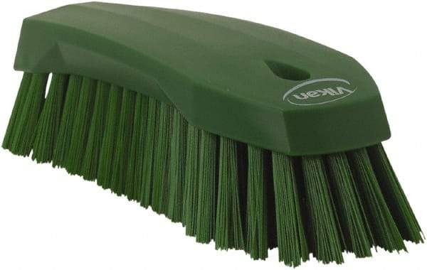 Vikan - 1.3" Bristle Length, Polyester Utility Scrub Brush - 7" Long x 3" Wide Head, 8" OAL, Green, Polypropylene Block - Eagle Tool & Supply