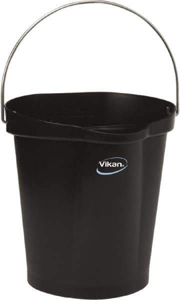 Vikan - 3 Gal, Polypropylene Round Black Single Pail with Pour Spout - Handle Included - Eagle Tool & Supply