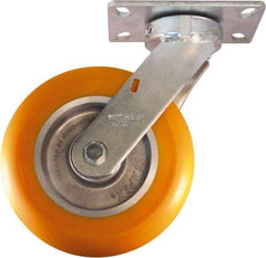 Caster Connection - 8" Diam x 2" Wide x 10-1/8" OAH Top Plate Mount Swivel Caster - Polyurethane on Aluminum, 1,200 Lb Capacity, Sealed Precision Ball Bearing, 4-1/2 x 6-1/4" Plate - Eagle Tool & Supply