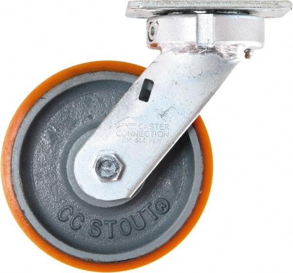 Caster Connection - 6" Diam x 2" Wide x 7-1/2" OAH Top Plate Mount Swivel Caster - Polyurethane on Iron, 1,250 Lb Capacity, Sealed Precision Ball Bearing, 4 x 4-1/2" Plate - Eagle Tool & Supply