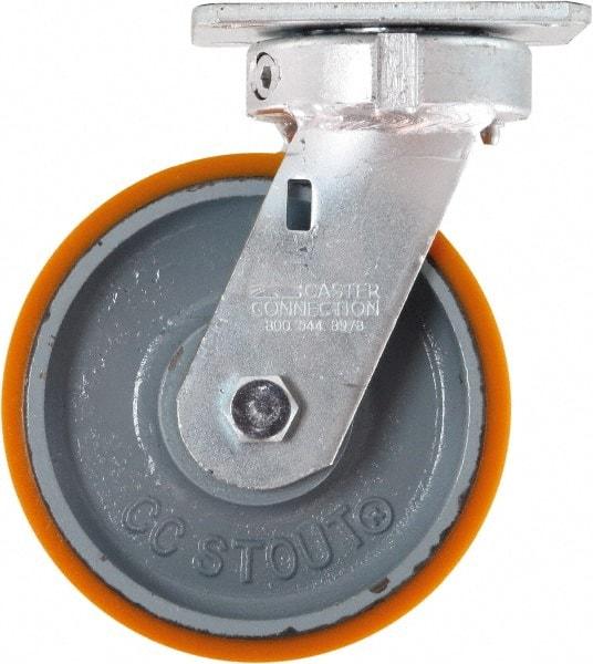 Caster Connection - 6" Diam x 2" Wide x 7-1/2" OAH Top Plate Mount Swivel Caster - Polyurethane on Iron, 1,250 Lb Capacity, Sealed Precision Ball Bearing, 4 x 4-1/2" Plate - Eagle Tool & Supply