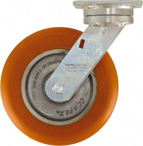 Caster Connection - 8" Diam x 2" Wide x 9-1/2" OAH Top Plate Mount Swivel Caster - Polyurethane on Aluminum, 1,200 Lb Capacity, Sealed Precision Ball Bearing, 4 x 4-1/2" Plate - Eagle Tool & Supply