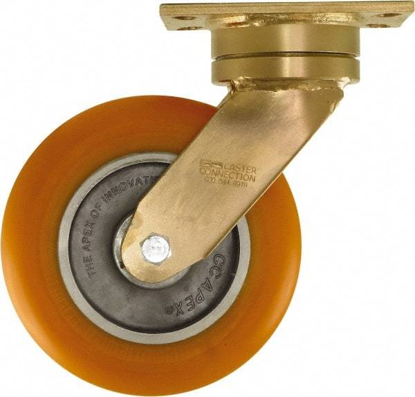 Caster Connection - 8" Diam x 2" Wide x 10-1/8" OAH Top Plate Mount Swivel Caster - Polyurethane on Aluminum, 1,200 Lb Capacity, Sealed Precision Ball Bearing, 4-1/2 x 6-1/4" Plate - Eagle Tool & Supply