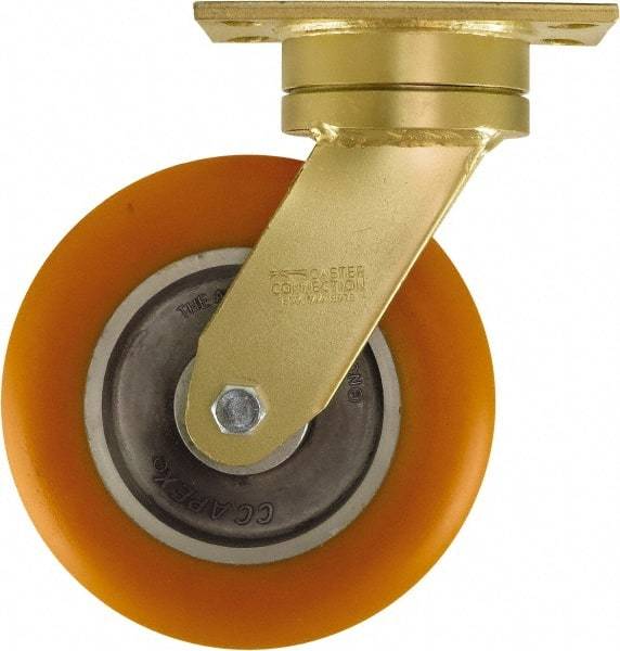 Caster Connection - 8" Diam x 2" Wide x 10-1/8" OAH Top Plate Mount Swivel Caster - Polyurethane on Aluminum, 1,200 Lb Capacity, Sealed Precision Ball Bearing, 4-1/2 x 6-1/4" Plate - Eagle Tool & Supply
