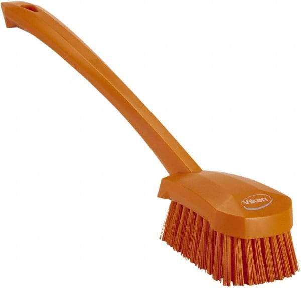 Vikan - 1.3" Bristle Length, Polyester Scrub Brush - 4" Long x 2-3/4" Wide Head, 15-3/4" OAL, Orange, Polypropylene Block - Eagle Tool & Supply