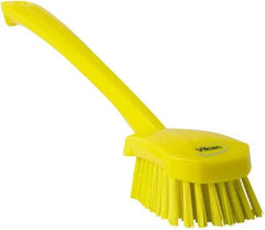 Vikan - 1.3" Bristle Length, Polyester Scrub Brush - 4" Long x 2-3/4" Wide Head, 15-3/4" OAL, Yellow, Polypropylene Block - Eagle Tool & Supply