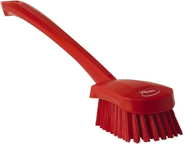 Vikan - 1.3" Bristle Length, Polyester Scrub Brush - 4" Long x 2-3/4" Wide Head, 15-3/4" OAL, Red, Polypropylene Block - Eagle Tool & Supply