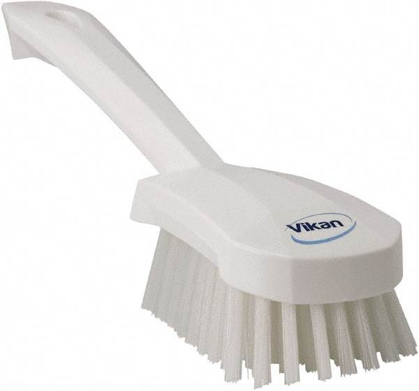 Vikan - 1.3" Bristle Length, Polyester Scrub Brush - 4-1/4" Long x 2-3/4" Wide Head, 10" OAL, White, Polypropylene Block - Eagle Tool & Supply