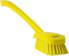 Vikan - 1.3" Bristle Length, Polyester Scrub Brush - 4" Long x 2-3/4" Wide Head, 15-3/4" OAL, Yellow, Polypropylene Block - Eagle Tool & Supply