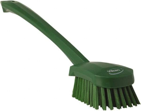 Vikan - 1.3" Bristle Length, Polyester Scrub Brush - 4" Long x 2-3/4" Wide Head, 15-3/4" OAL, Green, Polypropylene Block - Eagle Tool & Supply