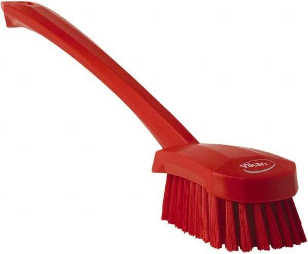 Vikan - 1.3" Bristle Length, Polyester Scrub Brush - 4" Long x 2-3/4" Wide Head, 15-3/4" OAL, Red, Polypropylene Block - Eagle Tool & Supply