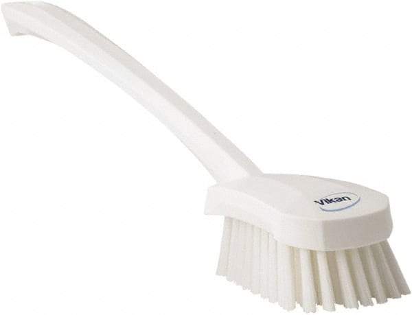 Vikan - 1.3" Bristle Length, Polyester Scrub Brush - 4" Long x 2-3/4" Wide Head, 15-3/4" OAL, White, Polypropylene Block - Eagle Tool & Supply