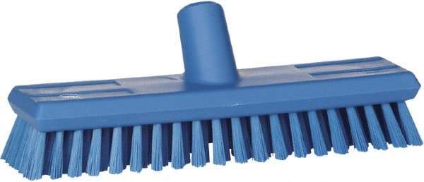 Vikan - 1.3" Bristle Length, Polyester Scrub Brush - 10-3/4" Long x 2-1/2" Wide Head, 11" OAL, European Threaded Handle, Blue, Polypropylene Block - Eagle Tool & Supply