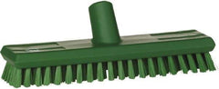 Vikan - 1" Bristle Length, Polyester Scrub Brush - 10-5/8" Long x 2-1/2" Wide Head, 11" OAL, European Threaded Handle, Green, Polypropylene Block - Eagle Tool & Supply