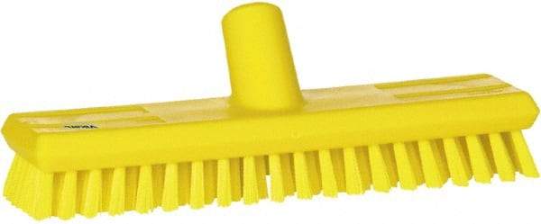 Vikan - 1" Bristle Length, Polyester Scrub Brush - 10-5/8" Long x 2-1/2" Wide Head, 11" OAL, European Threaded Handle, Yellow, Polypropylene Block - Eagle Tool & Supply